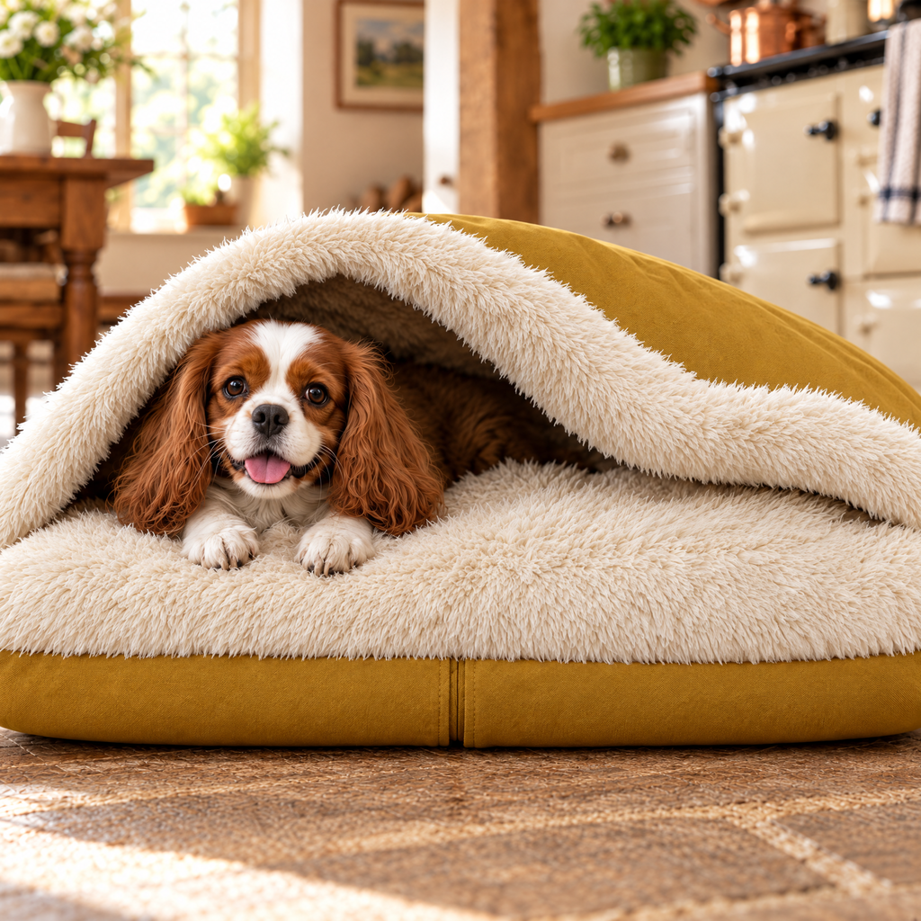 Cavalier King Charles Spaniel in the mustard Rainfleece Den Bed by Hugo & Ted