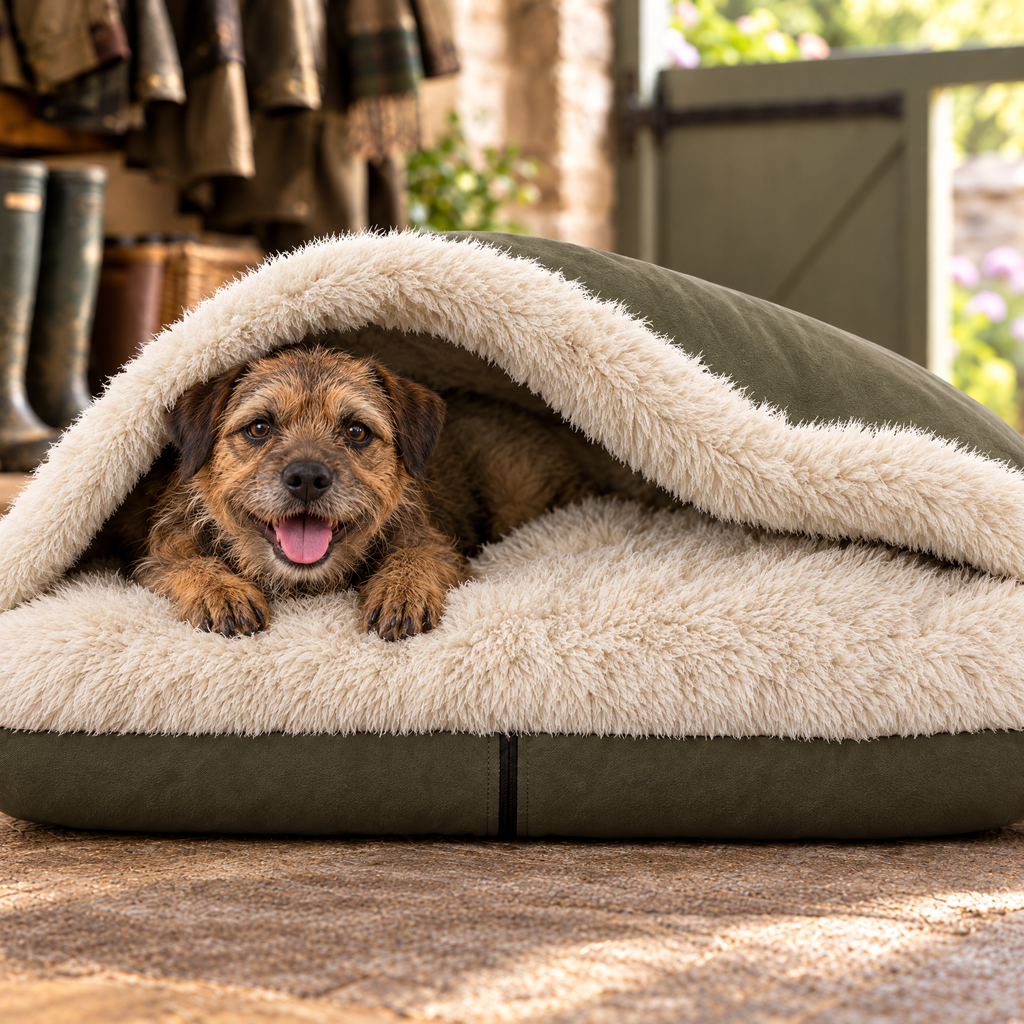 Border Terrier in the khaki Rainfleece Den Bed by Hugo & Ted