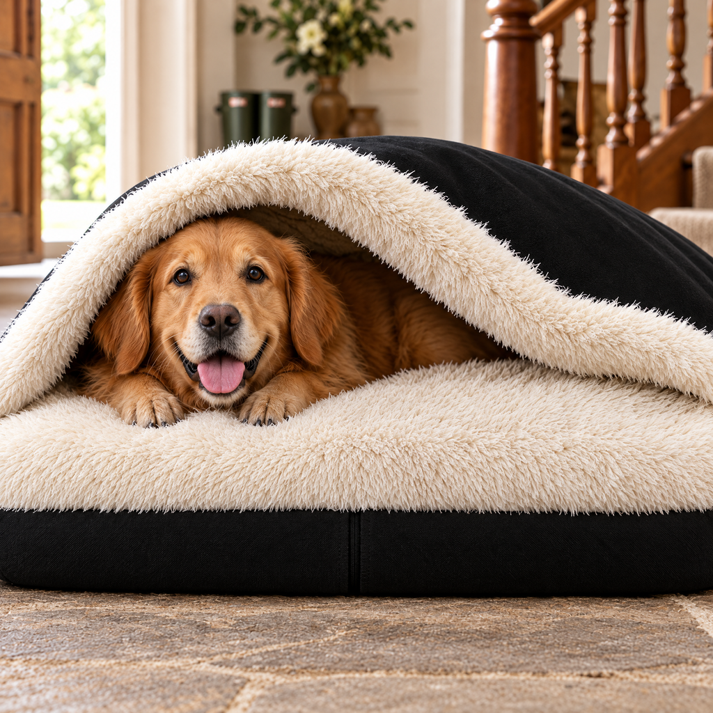 Golden Retriever in the black Super Size Rainfleece Den Bed by Hugo & Ted